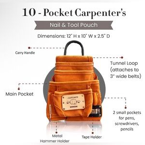 Heavy Duty 10 Pocket Suede Leather Tool Pouch With CARRY HANDLE